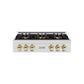 ZLINE Autograph Edition 36 in. Classic Gas Rangetop with 6 Burner DuoPro™ Cooktop in Satin Stainless Steel and Polished Gold Accents (PCRTSZ-36-G) front.