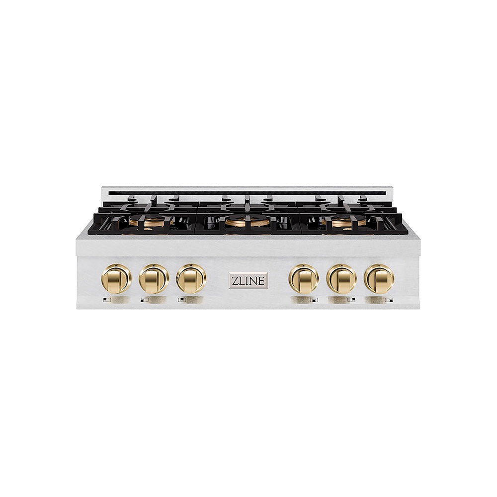 ZLINE Autograph Edition 36 in. Classic Gas Rangetop with 6 Burner DuoPro™ Cooktop in Satin Stainless Steel and Polished Gold Accents (PCRTSZ-36-G) front.