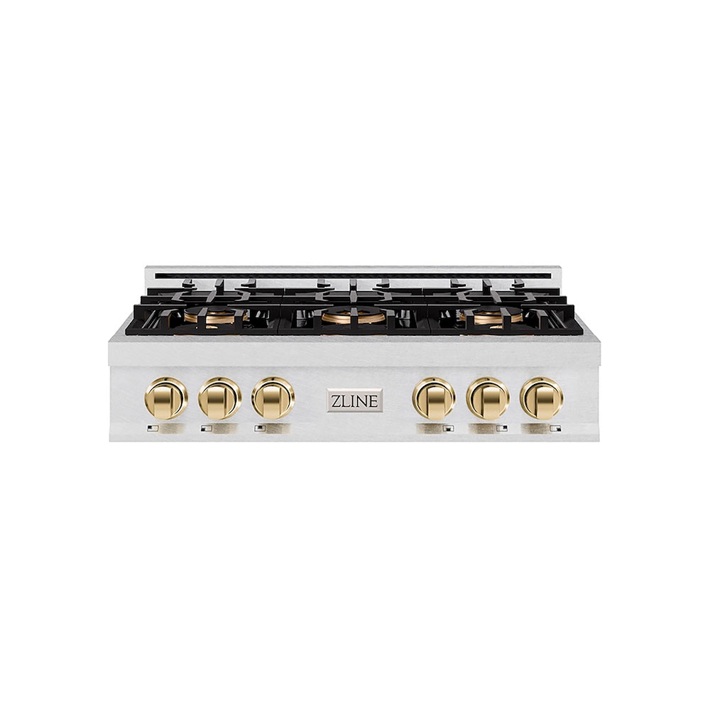 ZLINE Autograph Edition 36 in. Classic Gas Rangetop with 6 Burner DuoPro™ Cooktop in Satin Stainless Steel and Polished Gold Accents, Open Box-Good Condition