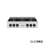 ZLINE Autograph Edition 36 in. Classic Gas Rangetop with 6 Burner DuoPro™ Cooktop in Satin Stainless Steel and Matte Black Accents (PCRTSZ-36-MB) front, with DuoPro™ logo.