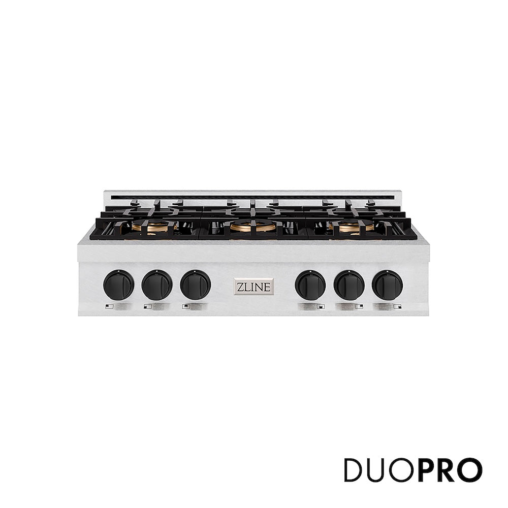 ZLINE Autograph Edition 36 in. Classic Gas Rangetop with 6 Burner DuoPro™ Cooktop in Satin Stainless Steel and Matte Black Accents (PCRTSZ-36-MB) front, with DuoPro™ logo.