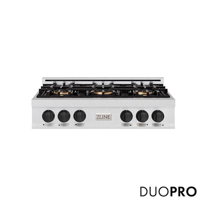 ZLINE Autograph Edition 36 in. Classic Gas Rangetop with 6 Burner DuoPro™ Cooktop in Satin Stainless Steel and Matte Black Accents (PCRTSZ-36-MB) front, with DuoPro™ logo.
