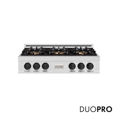 ZLINE Autograph Edition 36 in. Classic Gas Rangetop with 6 Burner DuoPro™ Cooktop in Satin Stainless Steel and Matte Black Accents, Open Box-Good Condition