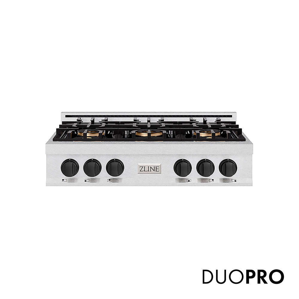 ZLINE Autograph Edition 36 in. Classic Gas Rangetop with 6 Burner DuoPro™ Cooktop in Satin Stainless Steel and Matte Black Accents, Open Box-Great Condition main image.