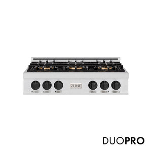 ZLINE Autograph Edition 36 in. Classic Gas Rangetop with 6 Burner DuoPro™ Cooktop in Satin Stainless Steel and Matte Black Accents, Open Box-Great Condition main image.