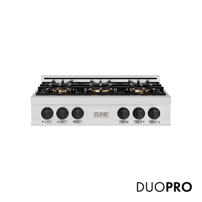 ZLINE Autograph Edition 36 in. Classic Gas Rangetop with 6 Burner DuoPro™ Cooktop in Satin Stainless Steel and Matte Black Accents, Open Box-Great Condition