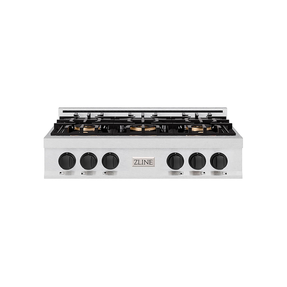 ZLINE Autograph Edition 36 in. Classic Gas Rangetop with 6 Burner DuoPro™ Cooktop in Satin Stainless Steel and Matte Black Accents (PCRTSZ-36-MB) front.