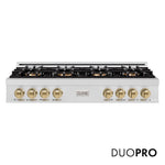 ZLINE Autograph Edition 48 in. Classic Gas Rangetop with 8 Burner DuoPro™ Cooktop in Satin Stainless Steel and Champagne Bronze Accents (PCRTSZ-48-CB) front, with DuoPro™ logo.