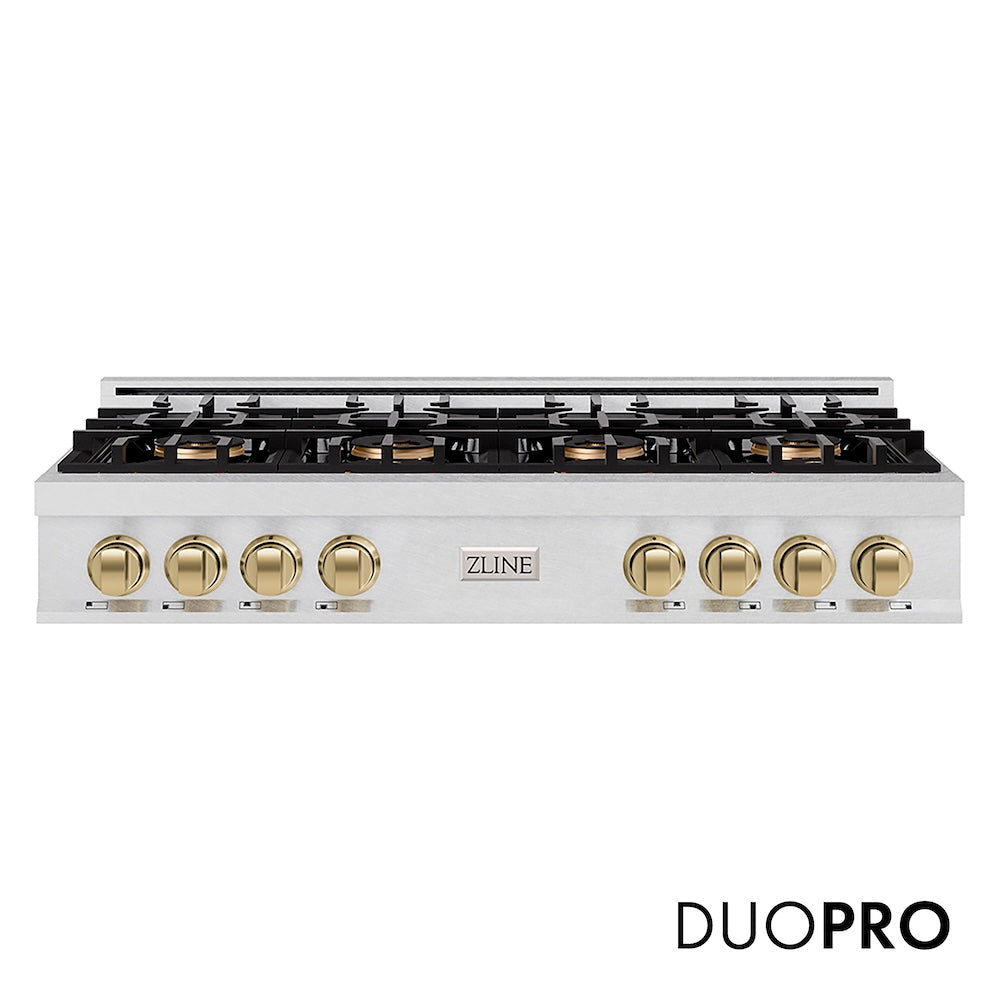 ZLINE Autograph Edition 48 in. Classic Gas Rangetop with 8 Burner DuoPro™ Cooktop in Satin Stainless Steel and Champagne Bronze Accents (PCRTSZ-48-CB) front, with DuoPro™ logo.