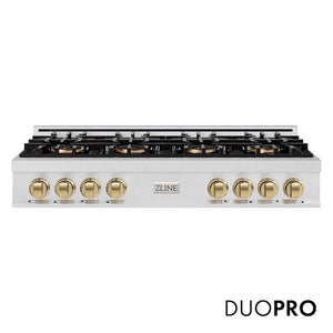 ZLINE Autograph Edition 48 in. Classic Gas Rangetop with 8 Burner DuoPro™ Cooktop in Satin Stainless Steel and Champagne Bronze Accents (PCRTSZ-48-CB) main image.
