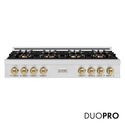 ZLINE Autograph Edition 48 in. Classic Gas Rangetop with 8 Burner DuoPro™ Cooktop in Satin Stainless Steel and Champagne Bronze Accents (PCRTSZ-48-CB) front, with DuoPro™ logo.