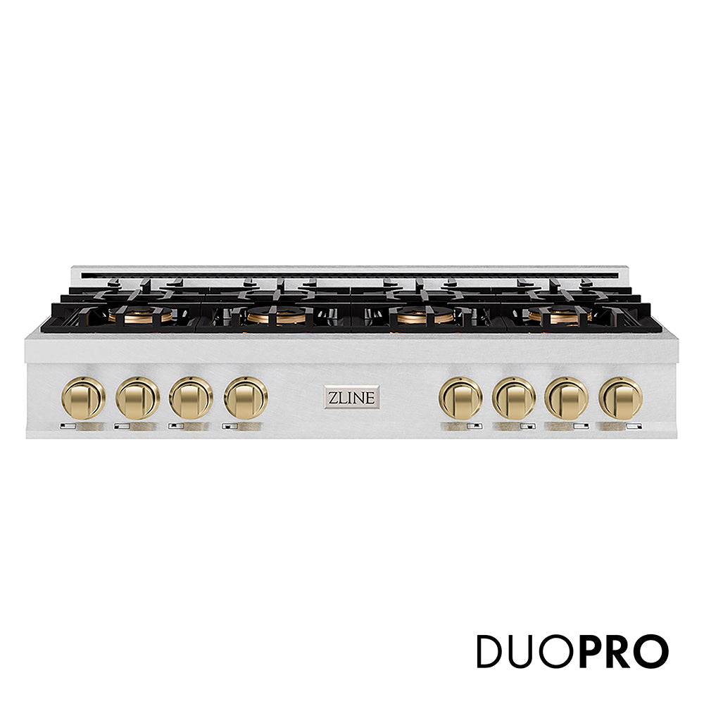 ZLINE Autograph Edition 48 in. Classic Gas Rangetop with 8 Burner DuoPro™ Cooktop in Satin Stainless Steel and Champagne Bronze Accents, Open Box-Great Condition main image.