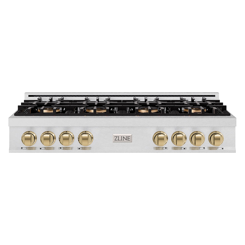ZLINE Autograph Edition 48 in. Classic Gas Rangetop with 8 Burner DuoPro™ Cooktop in Satin Stainless Steel and Champagne Bronze Accents (PCRTSZ-48-CB) front.