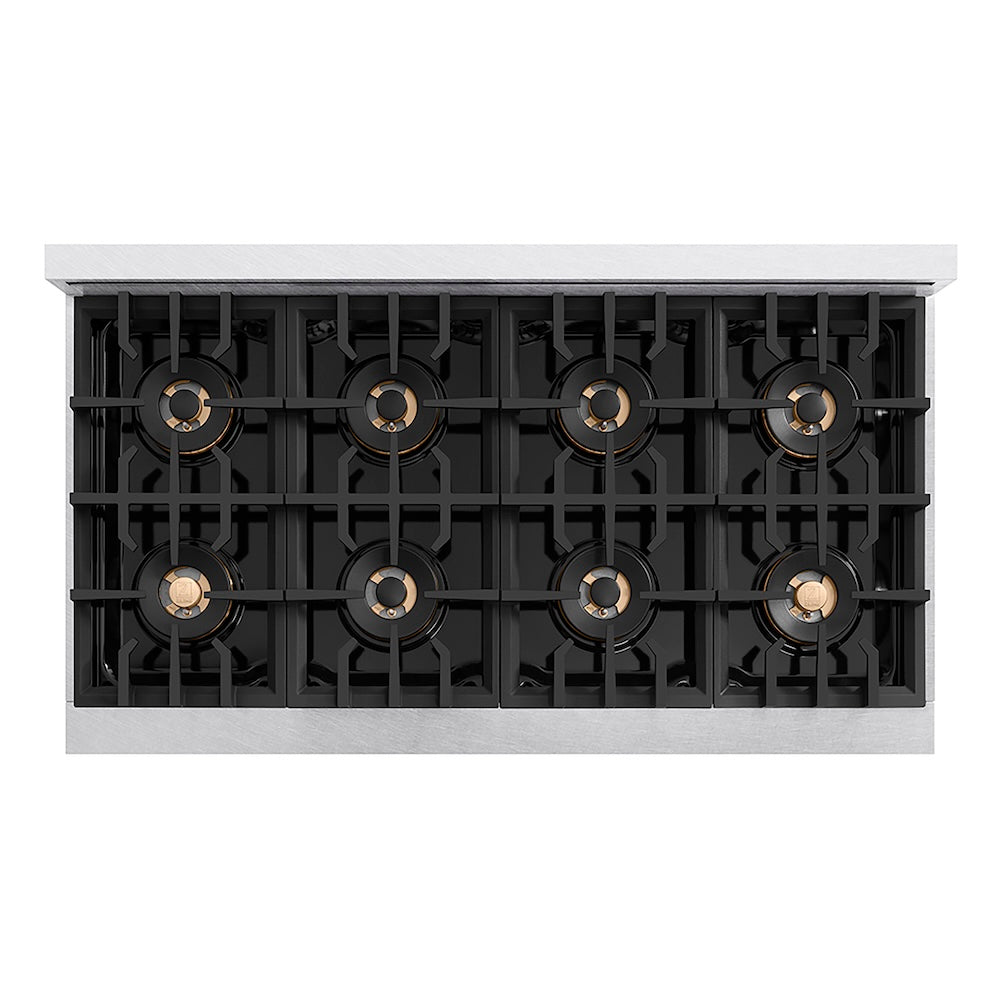 ZLINE Autograph Edition 48 in. Classic Gas Rangetop with 8 Burner DuoPro™ Cooktop in Satin Stainless Steel and Champagne Bronze Accents (PCRTSZ-48-CB) top-down, above cooktop.