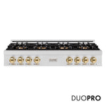 ZLINE Autograph Edition 48 in. Classic Gas Rangetop with 8 Burner DuoPro™ Cooktop in Satin Stainless Steel and Polished Gold Accents (PCRTSZ-48-G) front, with DuoPro™ logo.