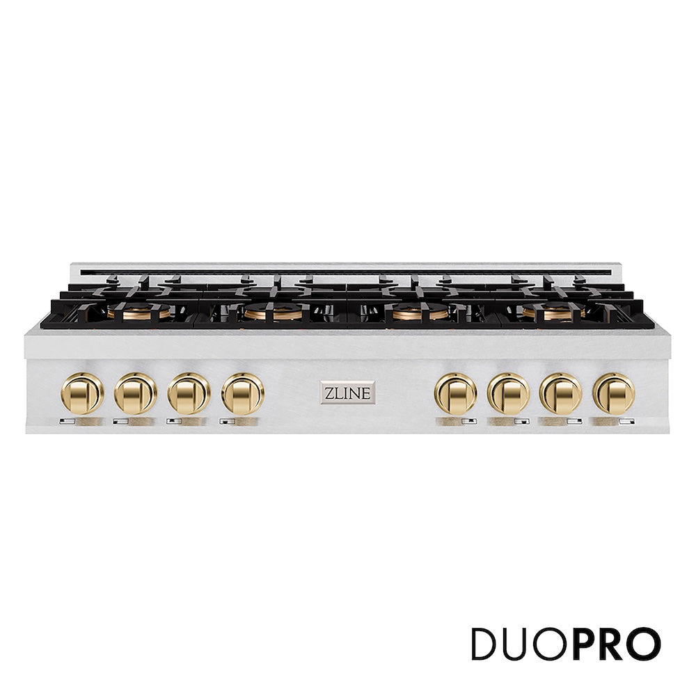 ZLINE Autograph Edition 48 in. Classic Gas Rangetop with 8 Burner DuoPro™ Cooktop in Satin Stainless Steel and Polished Gold Accents (PCRTSZ-48-G) front, with DuoPro™ logo.