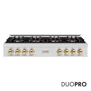 ZLINE Autograph Edition 48 in. Classic Gas Rangetop with 8 Burner DuoPro™ Cooktop in Satin Stainless Steel and Polished Gold Accents (PCRTSZ-48-G) main image.