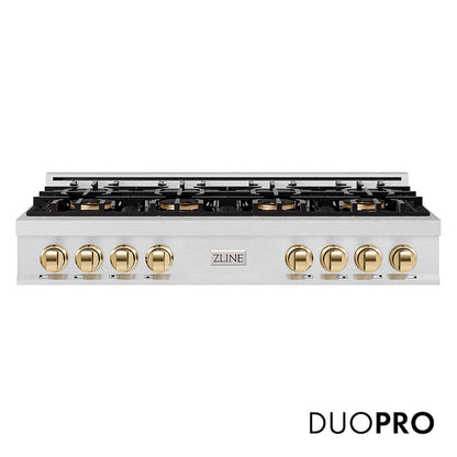 ZLINE Autograph Edition 48 in. Classic Gas Rangetop with 8 Burner DuoPro™ Cooktop in Satin Stainless Steel and Polished Gold Accents (PCRTSZ-48-G) front, with DuoPro™ logo.