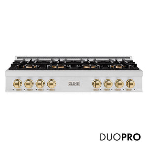 ZLINE Autograph Edition 48 in. Classic Gas Rangetop with 8 Burner DuoPro™ Cooktop in Satin Stainless Steel and Polished Gold Accents, Open Box-Great Condition main image.
