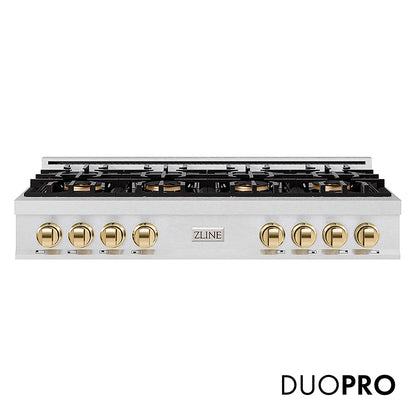 ZLINE Autograph Edition 48 in. Classic Gas Rangetop with 8 Burner DuoPro™ Cooktop in Satin Stainless Steel and Polished Gold Accents, Open Box-Great Condition