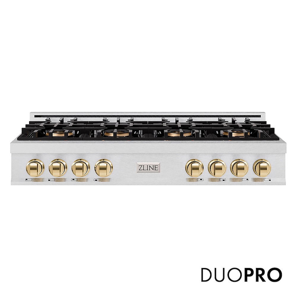 ZLINE Autograph Edition 48 in. Classic Gas Rangetop with 8 Burner DuoPro™ Cooktop in Satin Stainless Steel and Polished Gold Accents, Open Box-Good Condition