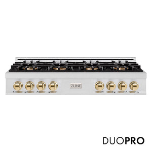 ZLINE Autograph Edition 48 in. Classic Gas Rangetop with 8 Burner DuoPro™ Cooktop in Satin Stainless Steel and Polished Gold Accents, Open Box-Good Condition main image.