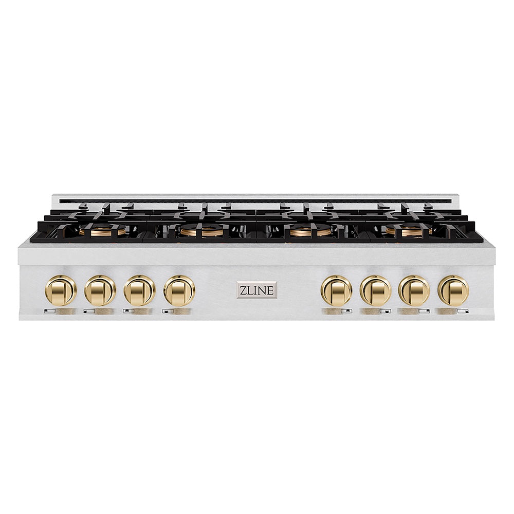 ZLINE Autograph Edition 48 in. Classic Gas Rangetop with 8 Burner DuoPro™ Cooktop in Satin Stainless Steel and Polished Gold Accents (PCRTSZ-48-G) front.