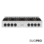 ZLINE Autograph Edition 48 in. Classic Gas Rangetop with 8 Burner DuoPro™ Cooktop in Satin Stainless Steel and Matte Black Accents (PCRTSZ-48-MB) front, with DuoPro™ logo.