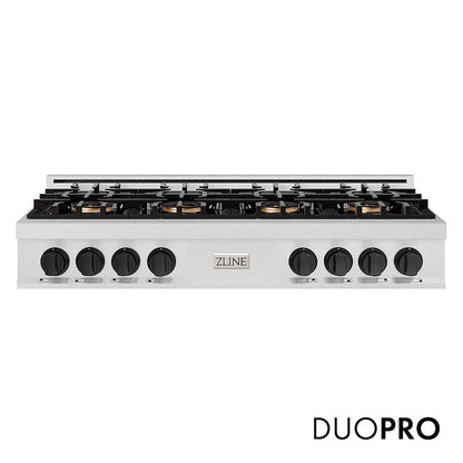 ZLINE Autograph Edition 48 in. Classic Gas Rangetop with 8 Burner DuoPro™ Cooktop in Satin Stainless Steel and Matte Black Accents (PCRTSZ-48-MB) front, with DuoPro™ logo.