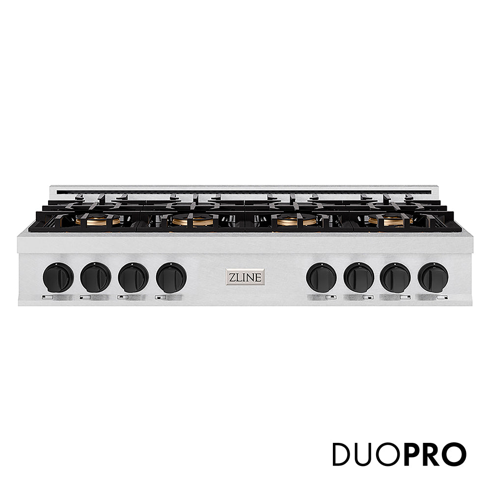 ZLINE Autograph Edition 48 in. Classic Gas Rangetop with 8 Burner DuoPro™ Cooktop in Satin Stainless Steel and Matte Black Accents, Open Box-Great Condition main image.