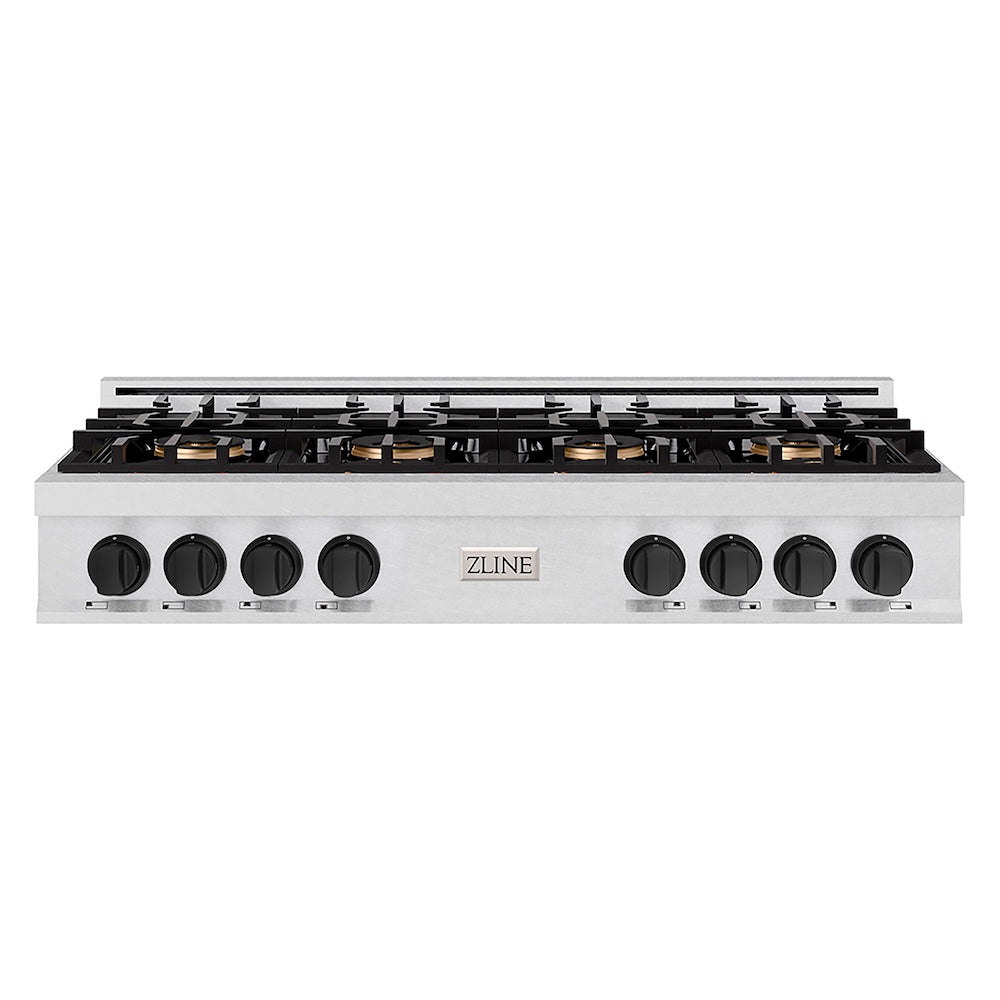 ZLINE Autograph Edition 48 in. Classic Gas Rangetop with 8 Burner DuoPro™ Cooktop in Satin Stainless Steel and Matte Black Accents (PCRTSZ-48-MB) front.