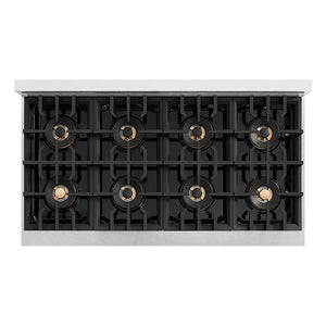 ZLINE Autograph Edition 48 in. Classic Gas Rangetop with 8 Burner DuoPro™ Cooktop in Satin Stainless Steel and Matte Black Accents (PCRTSZ-48-MB) top-down, above cooktop.