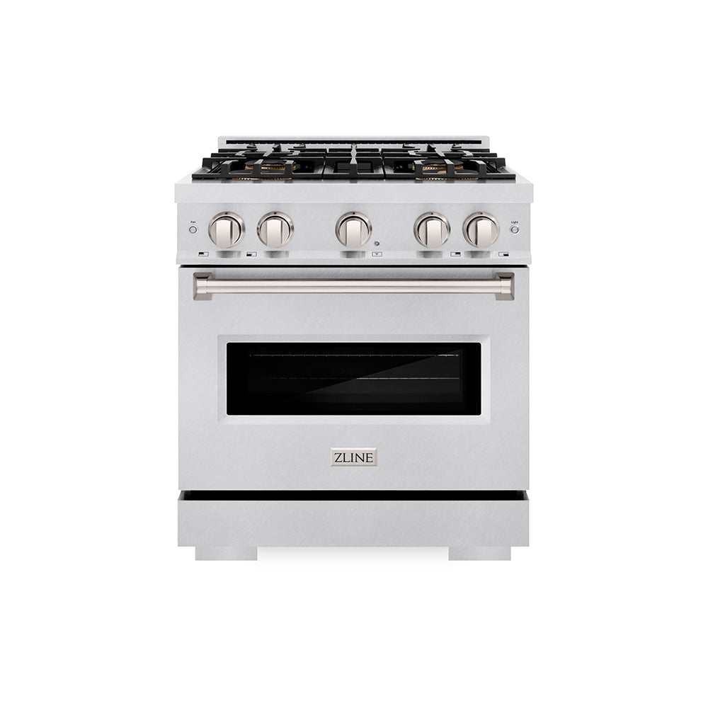 ZLINE 30 in. 4.2 cu. ft. Classic Dual Fuel Range with 4 Burner DuoPro™ Cooktop and Electric Convection Oven in Satin Stainless Steel (PCDRS-30) front, oven closed.