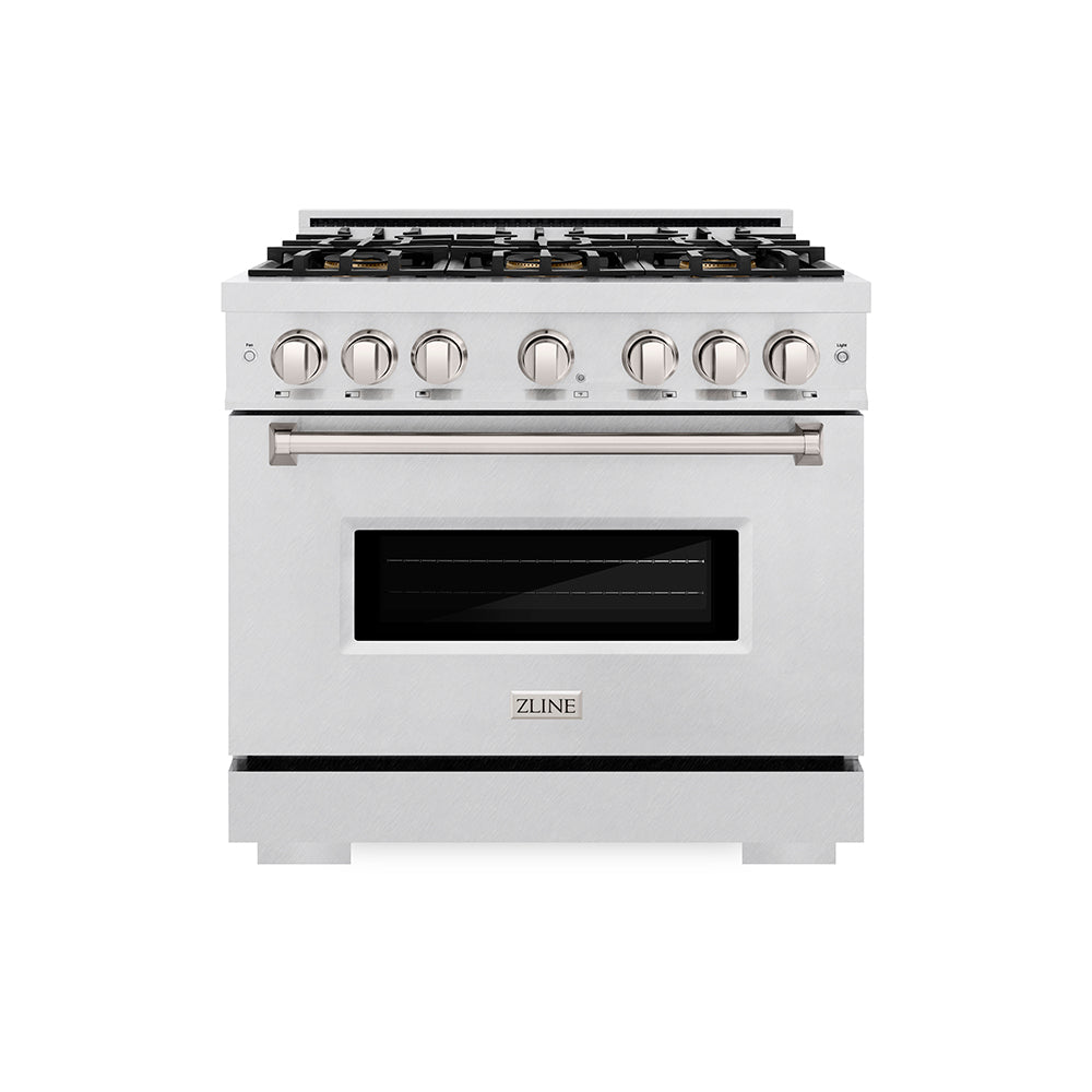 ZLINE 36 in. 5.2 cu. ft. Classic Dual Fuel Range with 6 Burner DuoPro™ Cooktop and Electric Convection Oven in Satin Stainless Steel (PCDRS-36) front, oven closed.