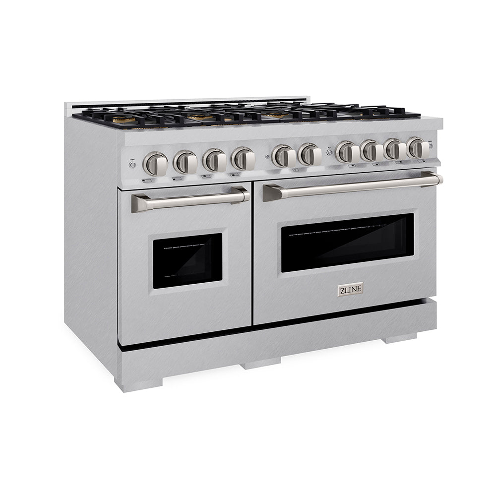 ZLINE 48 in. 6.7 cu. ft. Classic Dual Fuel Range with 8 Burner DuoPro™ Cooktop and Dual Ovens in Satin Stainless Steel (PCDRS-48) side, oven closed.