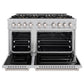 ZLINE 48 in. 6.7 cu. ft. Classic Dual Fuel Range with 8 Burner DuoPro™ Cooktop and Dual Ovens in Satin Stainless Steel (PCDRS-48) front, oven open.