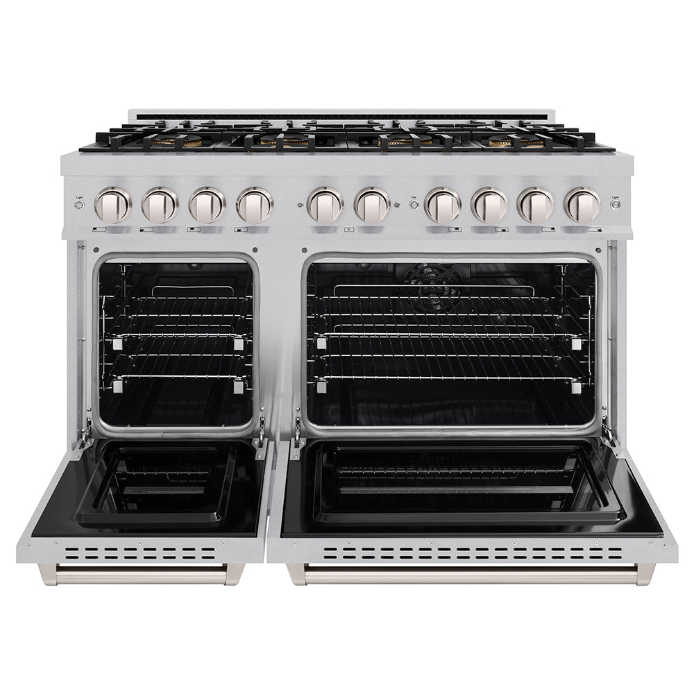 ZLINE 48 in. 6.7 cu. ft. Classic Dual Fuel Range with 8 Burner DuoPro™ Cooktop and Dual Ovens in Satin Stainless Steel (PCDRS-48) front, oven open.
