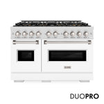 ZLINE 48 in. 6.7 cu. ft. Classic Dual Fuel Range with 8 Burner DuoPro™ Cooktop and Dual Ovens in Satin Stainless Steel with White Matte Doors (PCDRS-WM-48) main image.