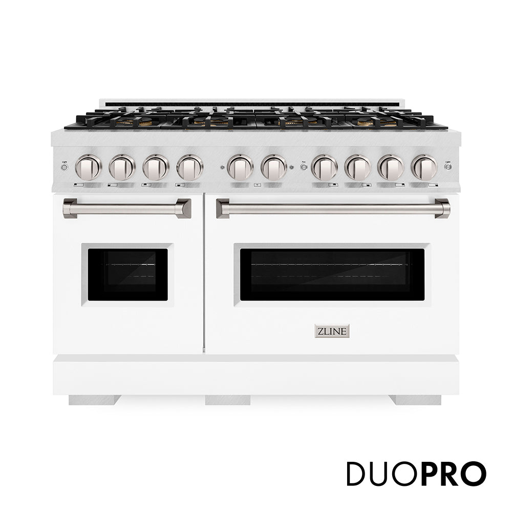 ZLINE 48 in. 6.7 cu. ft. Classic Dual Fuel Range with 8 Burner DuoPro™ Cooktop and Dual Ovens in Satin Stainless Steel with White Matte Doors (PCDRS-WM-48) main image.