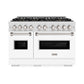 ZLINE 48 in. 6.7 cu. ft. Classic Dual Fuel Range with 8 Burner DuoPro™ Cooktop and Dual Ovens in Satin Stainless Steel with White Matte Doors (PCDRS-WM-48) front, oven closed.