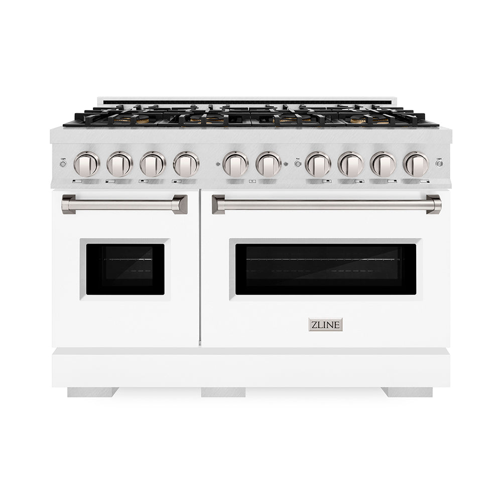 ZLINE 48 in. 6.7 cu. ft. Classic Dual Fuel Range with 8 Burner DuoPro™ Cooktop and Dual Ovens in Satin Stainless Steel with White Matte Doors (PCDRS-WM-48) front, oven closed.