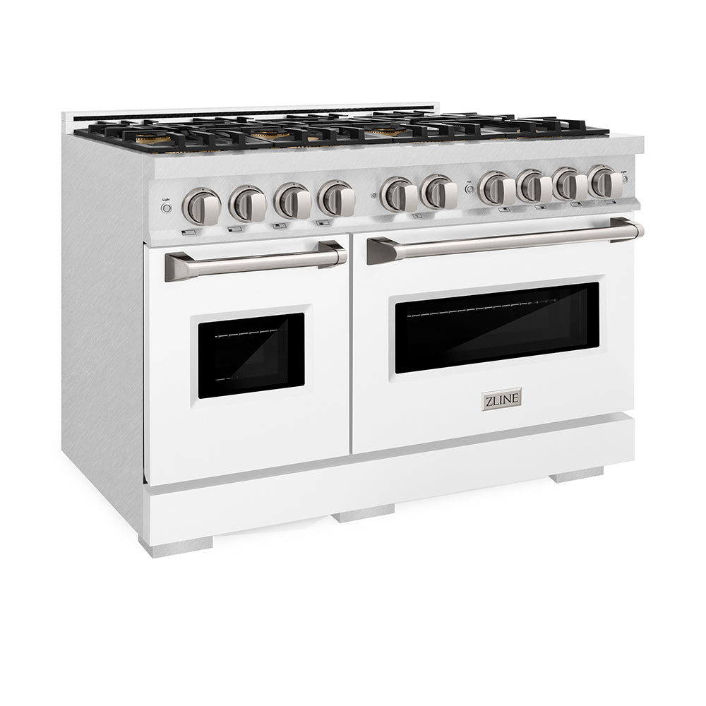 ZLINE 48 in. 6.7 cu. ft. Classic Dual Fuel Range with 8 Burner DuoPro™ Cooktop and Dual Ovens in Satin Stainless Steel with White Matte Doors (PCDRS-WM-48) side.