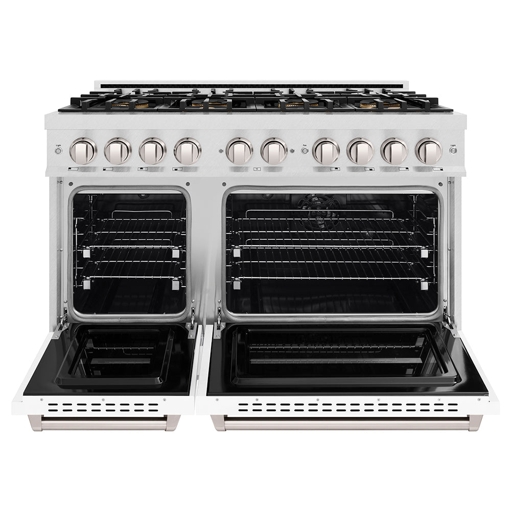 ZLINE 48 in. 6.7 cu. ft. Classic Dual Fuel Range with 8 Burner DuoPro™ Cooktop and Dual Ovens in Satin Stainless Steel with White Matte Doors (PCDRS-WM-48) front, oven open.