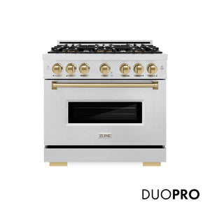 ZLINE Autograph Edition 36 in. 5.2 cu. ft. Classic Dual Fuel Range with 6 Burner DuoPro™ Cooktop and Electric Convection Oven in Satin Stainless Steel and Champagne Bronze Accents, Open Box-Great Condition