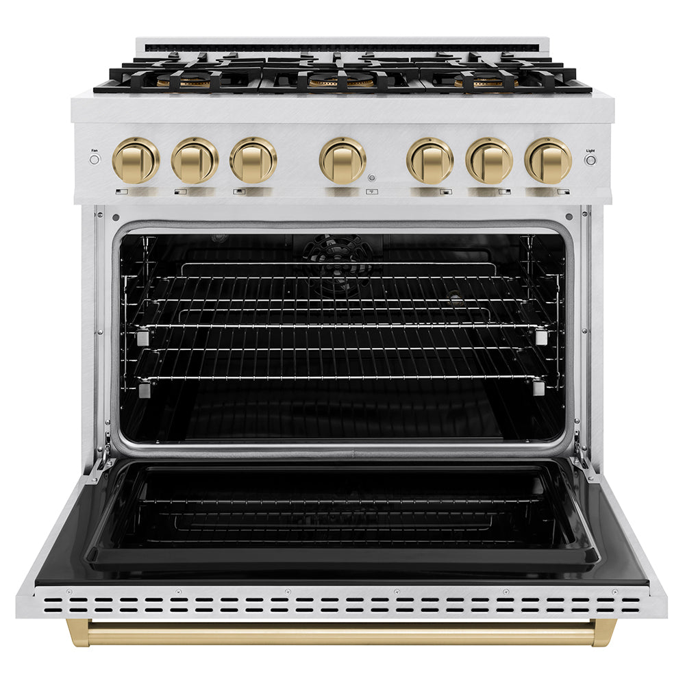 ZLINE Autograph Edition 36 in. 5.2 cu. ft. Classic Dual Fuel Range with 6 Burner DuoPro™ Cooktop and Electric Convection Oven in Satin Stainless Steel and Champagne Bronze Accents, Open Box-Great Condition