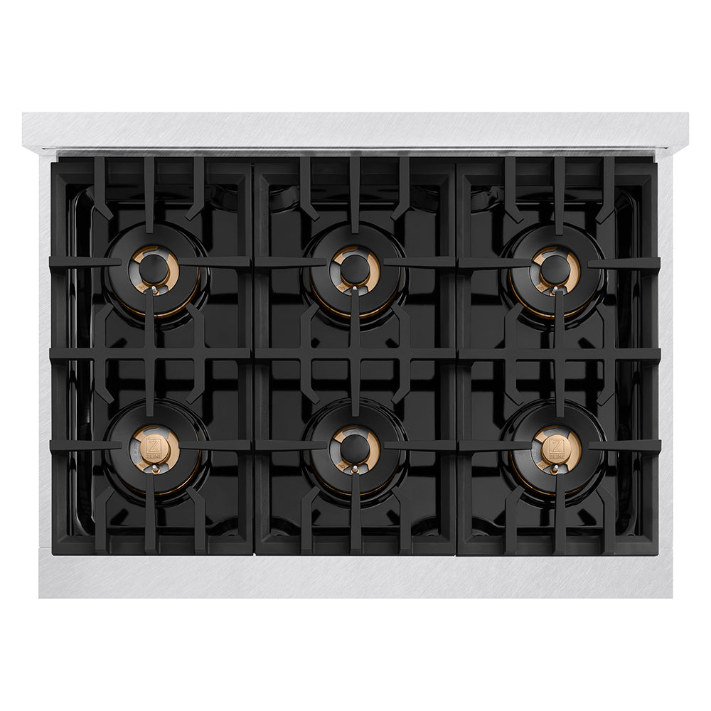 ZLINE Autograph Edition 36 in. 5.2 cu. ft. Classic Dual Fuel Range with 6 Burner DuoPro™ Cooktop and Electric Convection Oven in Satin Stainless Steel and Champagne Bronze Accents, Open Box-Great Condition
