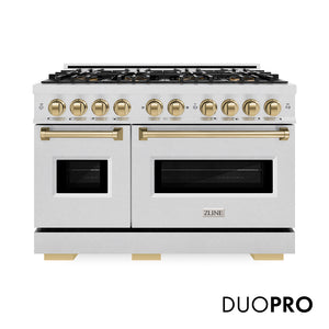ZLINE Autograph Edition 48 in. 6.7 cu. ft. Classic Dual Fuel Range with 8 Burner DuoPro™ Cooktop and Dual Ovens in Satin Stainless Steel and Champagne Bronze Accents, Open Box-Great Condition