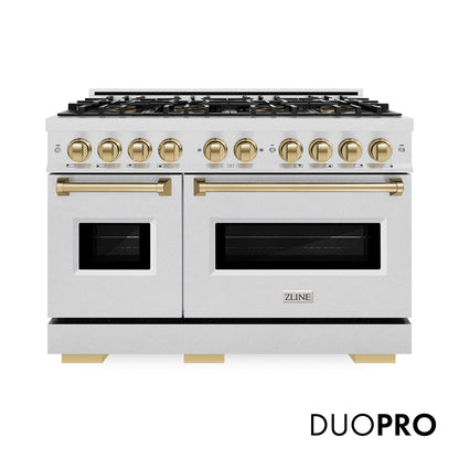 ZLINE Autograph Edition 48 in. 6.7 cu. ft. Classic Dual Fuel Range with 8 Burner DuoPro™ Cooktop and Dual Ovens in Satin Stainless Steel and Champagne Bronze Accents, Open Box-Great Condition