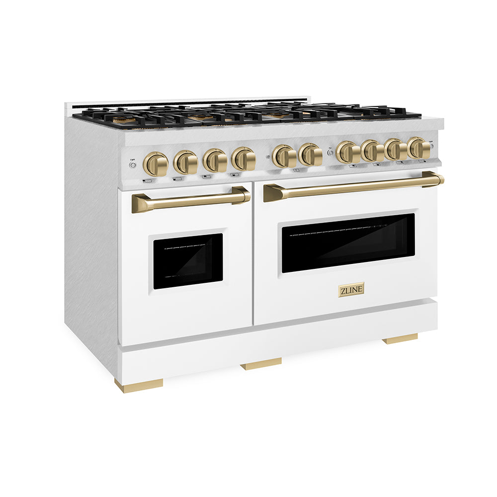 ZLINE Autograph Edition 48 in. 6.7 cu. ft. Classic Dual Fuel Range with 8 Burner DuoPro™ Cooktop and Dual Ovens in Satin Stainless Steel with White Matte Doors and Champagne Bronze Accents (PCDRSZ-WM-48-CB) side, oven closed.