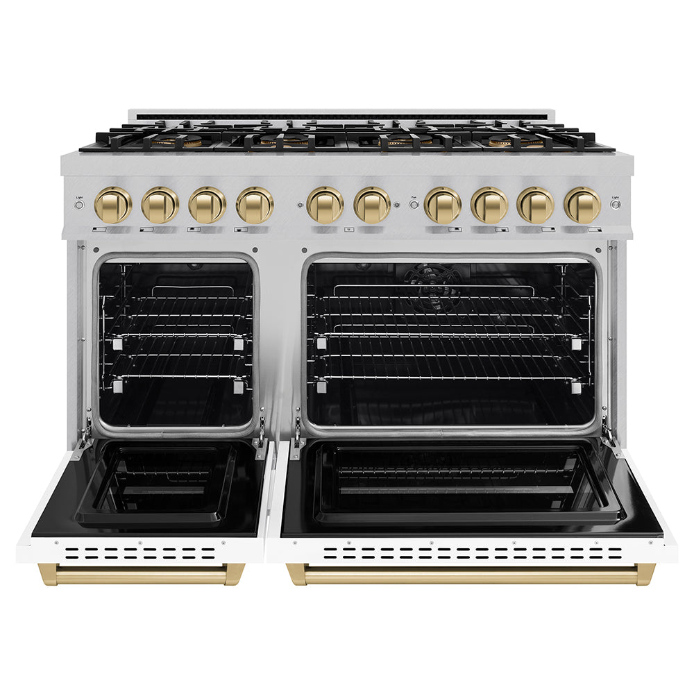 ZLINE Autograph Edition 48 in. 6.7 cu. ft. Classic Dual Fuel Range with 8 Burner DuoPro™ Cooktop and Dual Ovens in Satin Stainless Steel with White Matte Doors and Champagne Bronze Accents, Open Box-Great Condition
